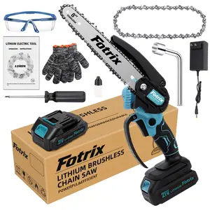 Fotrix 8-Inch Brushless Lithium Single-Hand Saw with 21V Battery, Protective Goggles, Gloves, and Chain Saw Chain efficient wood cutting tiny chainsaw