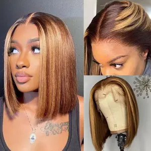 Ombre Bob Wig Human Hair 4/27 Highlight Honey Blonde Lace Front Bob Wigs Human Hair 180% Density Glueless Wigs Human Hair Pre Plucked Pre Cut 13x4 HD Lace Front Wigs Human Hair for Black Women 12 inch