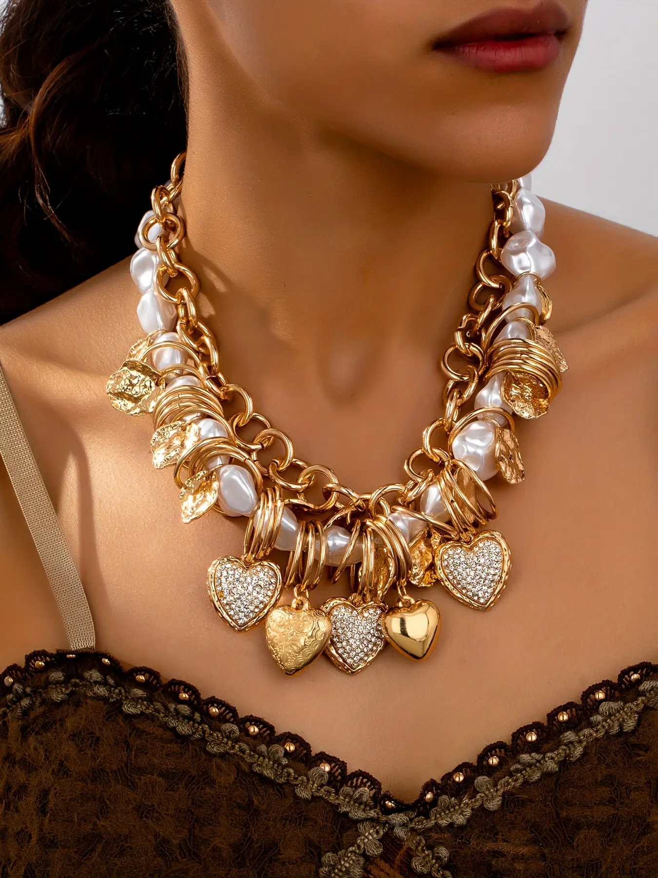 Bohemian Style Faux Pearl Heart-Shaped Necklace, Luxury Vertical Design, Perfect for Women Parties & Gifting, Elegant Jewelry Accessory, Heart Style Choker, Mother's Day Gift, Alloy Necklace