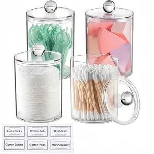 LMMAKE Stackable Airtight Bathroom Vanity Canister Jars with Storage Lid Qtip Holder Makeup Organizer for Cotton Balls Swabs Pads Bath Salts Transparent Bottles Tin 10 oz Capacity