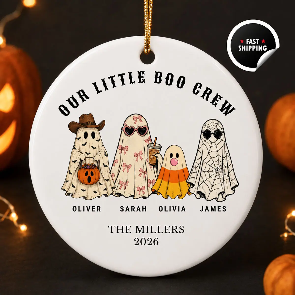 Personalized Little Boo Crew Halloween Ceramic Ornament, Custom Family Names, Round Hanging Decor