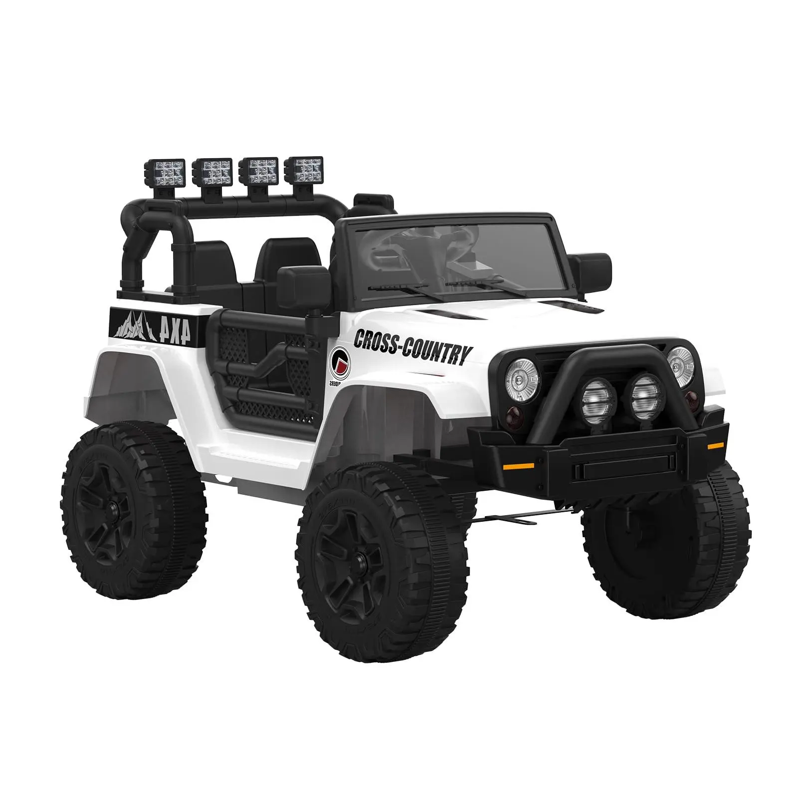 12V Battery-Powered Kids Electric Ride-On Toy Truck (White, Off-Road Look) with Adjustable Seatbelt, Spring Suspension, LED Lights, Music, All-Terrain Tires, Aux Input, Grid Windshield, Lockable Doors, Manual Controls for Ages 3-7 Outdoor Adventures