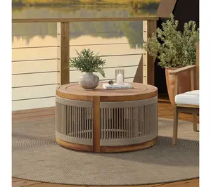 LuxenHome Patio Acacia Wood Rope Sides Round Drum Coffee Table