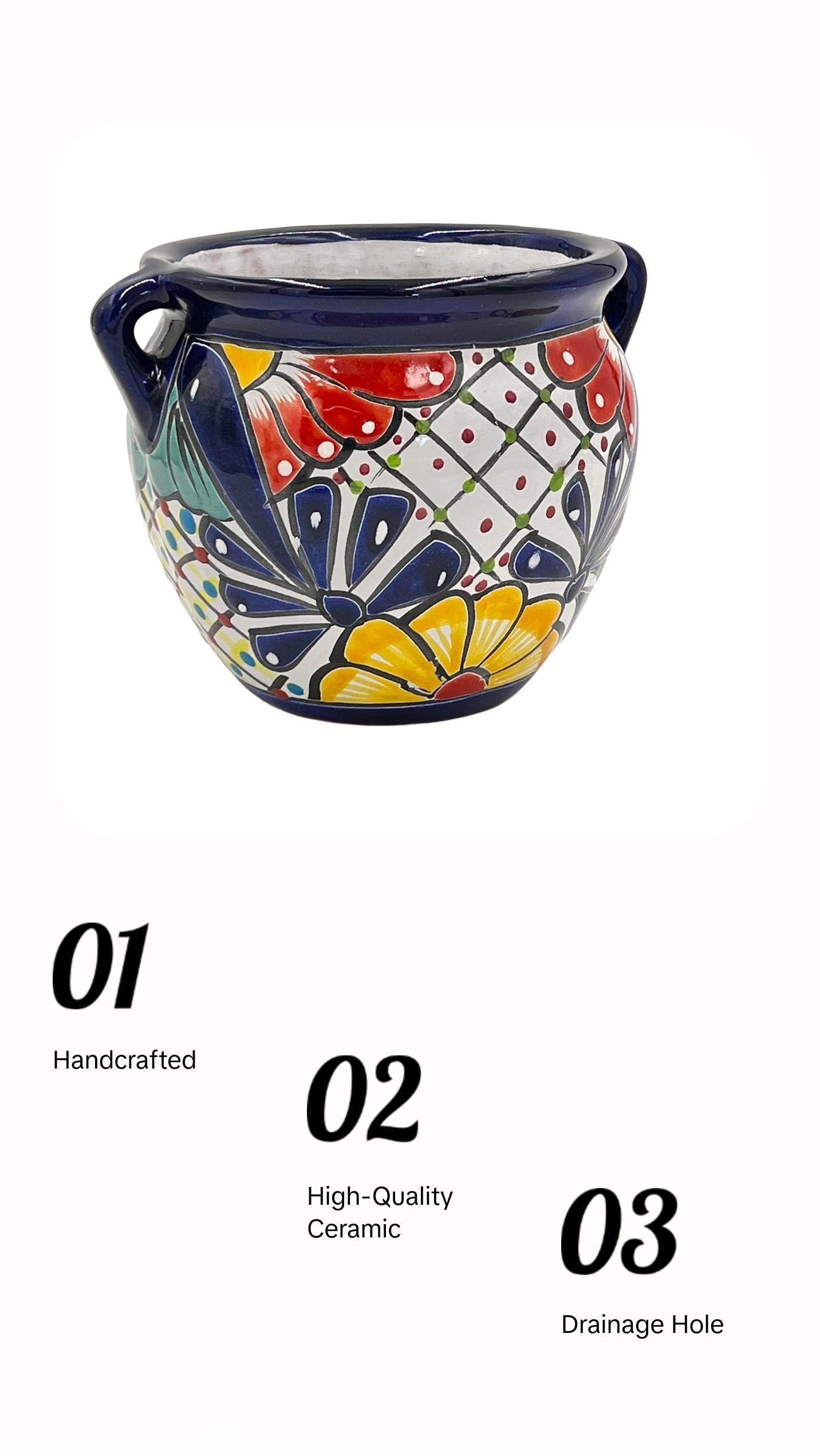 Michoacano Mexican Talavera Garden Pot - Dark Blue Trim