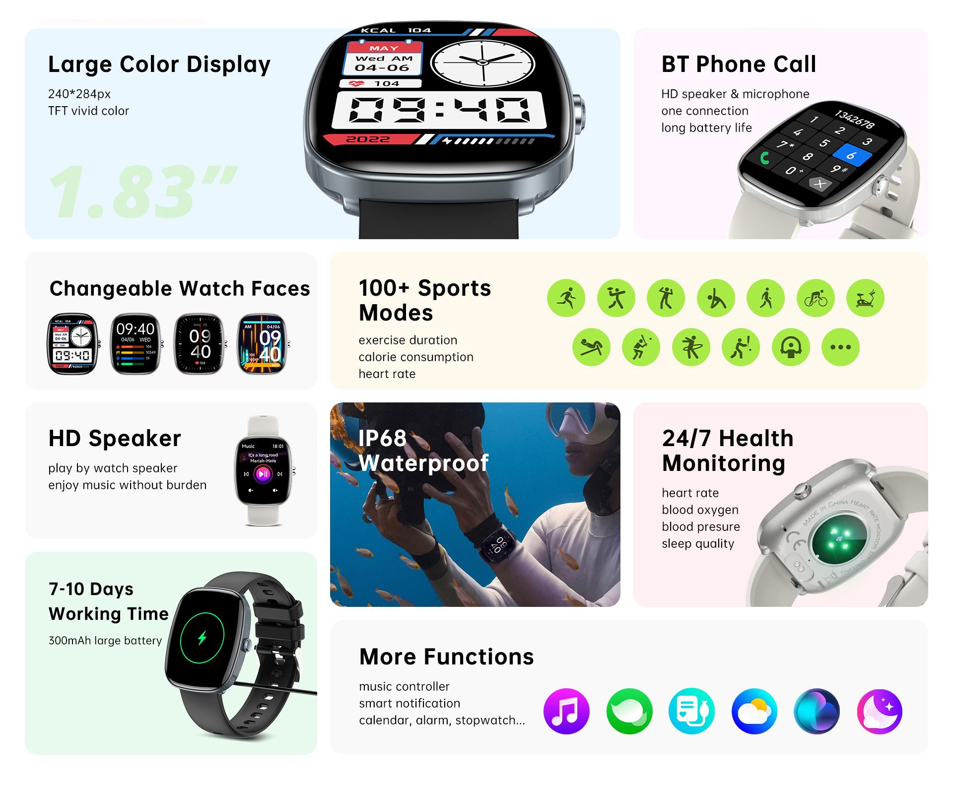 Aolon Huafit S5 Smartwatch with HD display, Bluetooth calling, DIY watch faces, health monitoring, 100 sports modes, 1.83-inch screen.