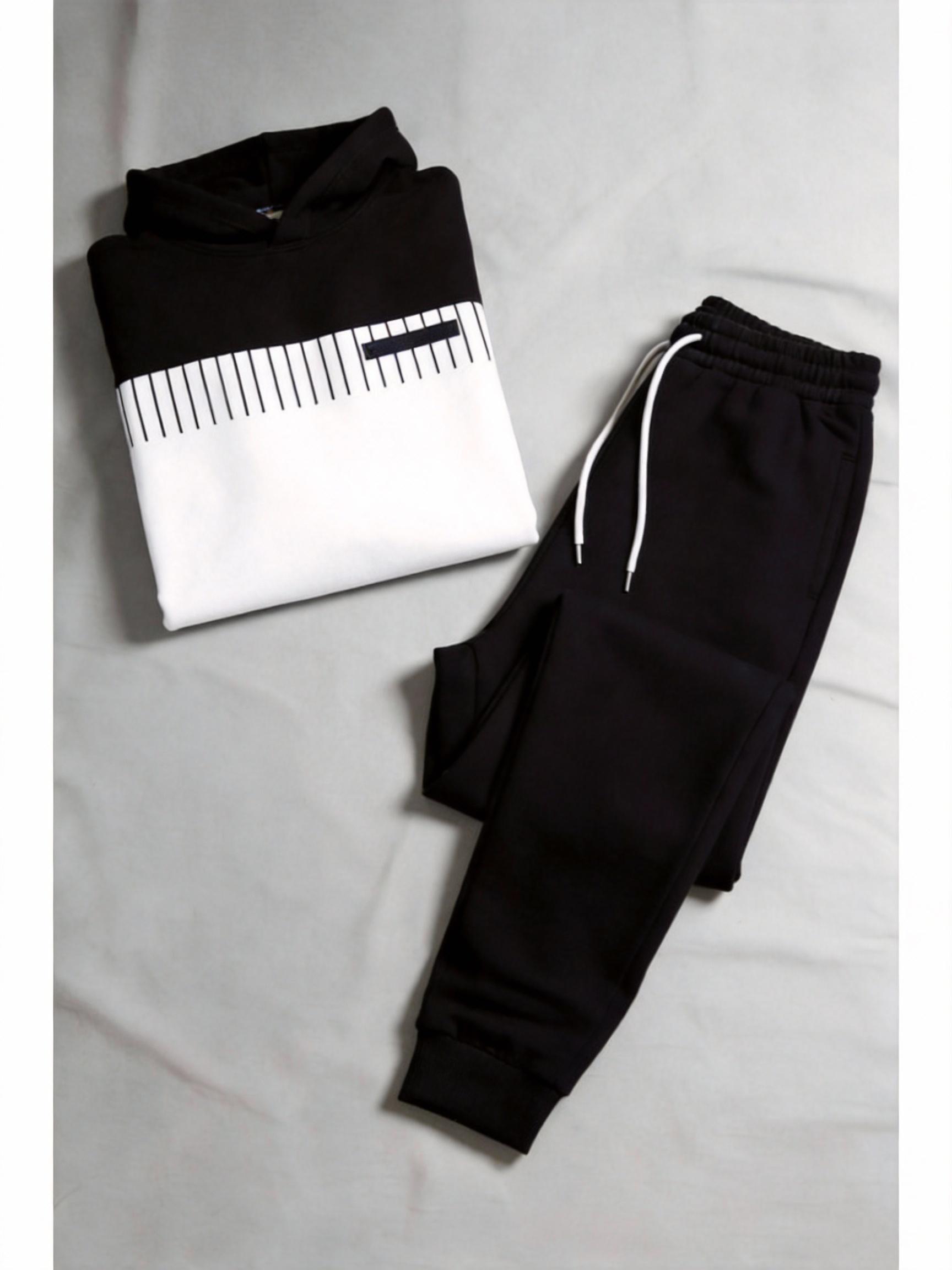 Business Fashion Leisure Set Simple Versatile Hoodie Set Clothes Menswear Long Sleeve Suits 25115 Gamis Wetsuit Black White Color Block Trousers