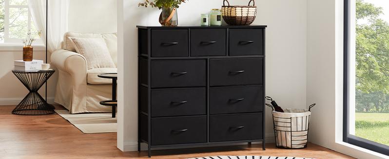 Sweet Furniture F Dresser - Fabric Storage Tower with 9 Drawers, Bedroom Drawer Dresser Organizer, Chest of Drawers with Fabric Bins, Steel Frame and Wood Top for Bedroom, Closet, Entryway
