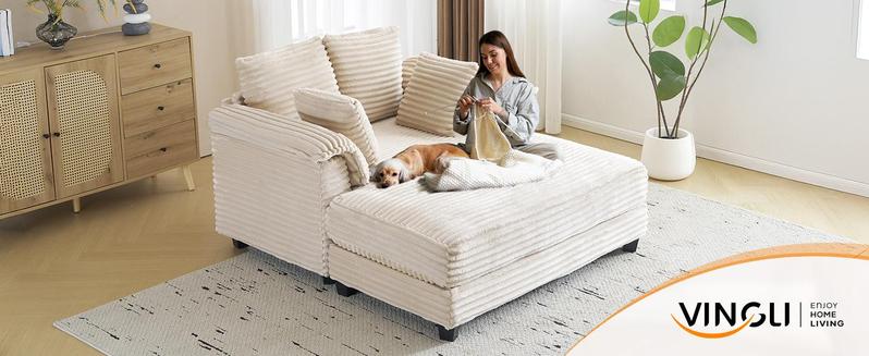 VINGLI 56" Oversized Chaise Lounge Chair, Comfy Corduroy Chaise Sofa Recliner Bed Upholstered Sleeper Couch Bed with Throw Pillows and Armrests for Living Room, Movie Room, Bedroom Upscale