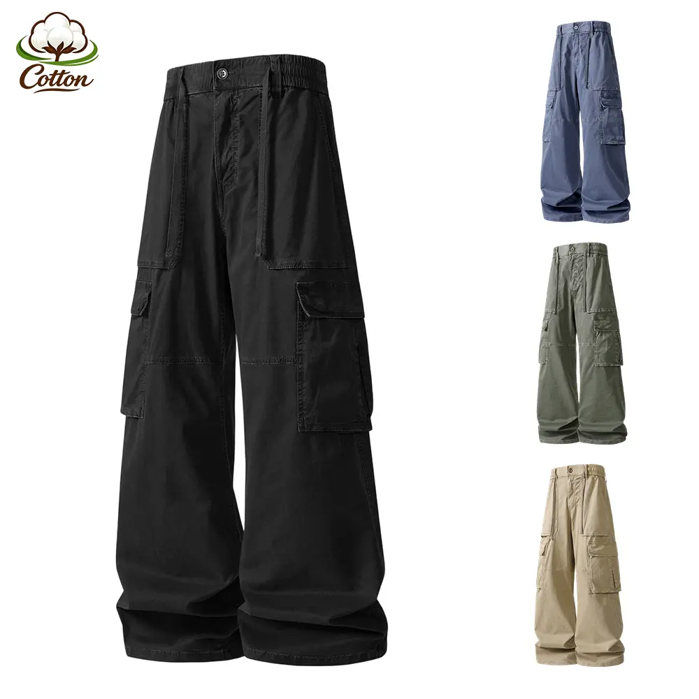 Men's 97% Cotton Wide Leg Cargo Pants, Drawstring Partial Elastic Back Waist, Double Layer Flap Multi Cargo Pockets, Plain Solid Baggy Streetwear Trousers