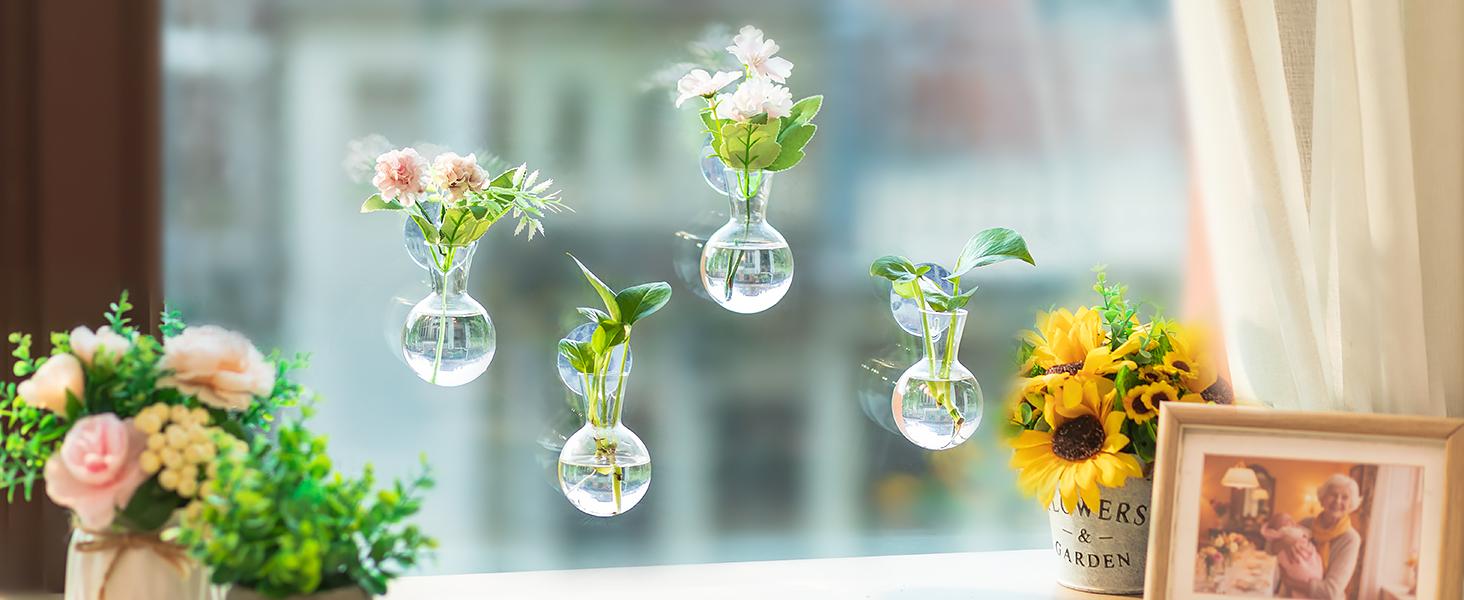 Glass Propagation Station for Plants: 4 Pcs Small Bulb Flower Vase for Home Window Decor Living Room Kitchen Office - Clear Hanging Planter Terrarium for Hydroponic Herb Cutting Ornaments
