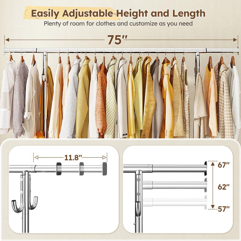 BePatio Clothing Rack for Drying,  Extendable & Height Adjustable Coat Clothing Rack with 4 Hooks for  Bedroom,Laundry,Outdoor,Clothing Store, Clothes Racks for Closet Holds Up to 220LBS,Portable Rolling Garment Rack with Lockable Wheels