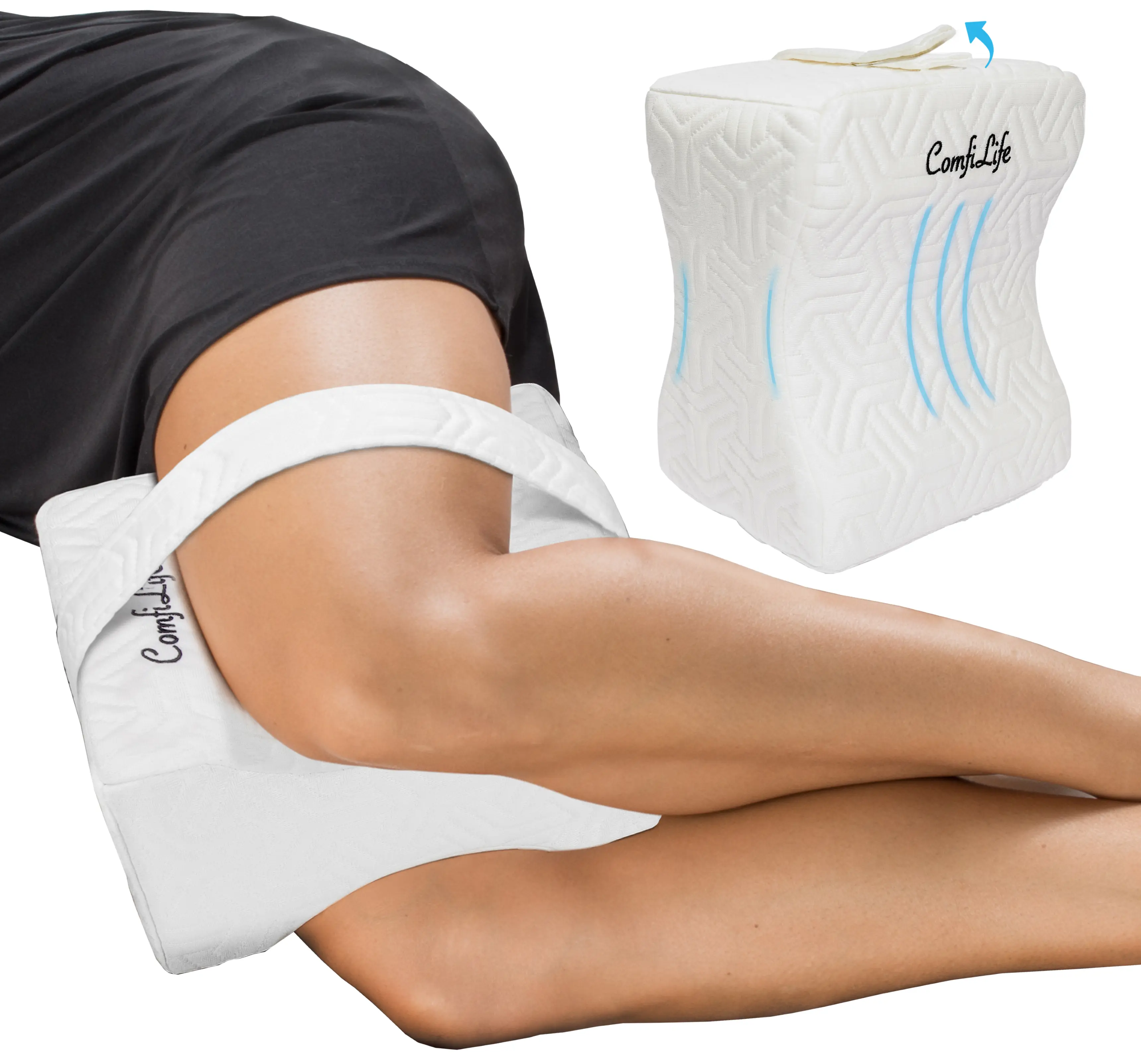 ComfiLife Ergonomic Orthopedic Knee & Leg Pillow - 100% Durable Memory Foam Cushion with Breathable Cool Zip Cover, Shape-hold Foam, Travel-ready Size for Side Sleepers, Low Back Pain Relief