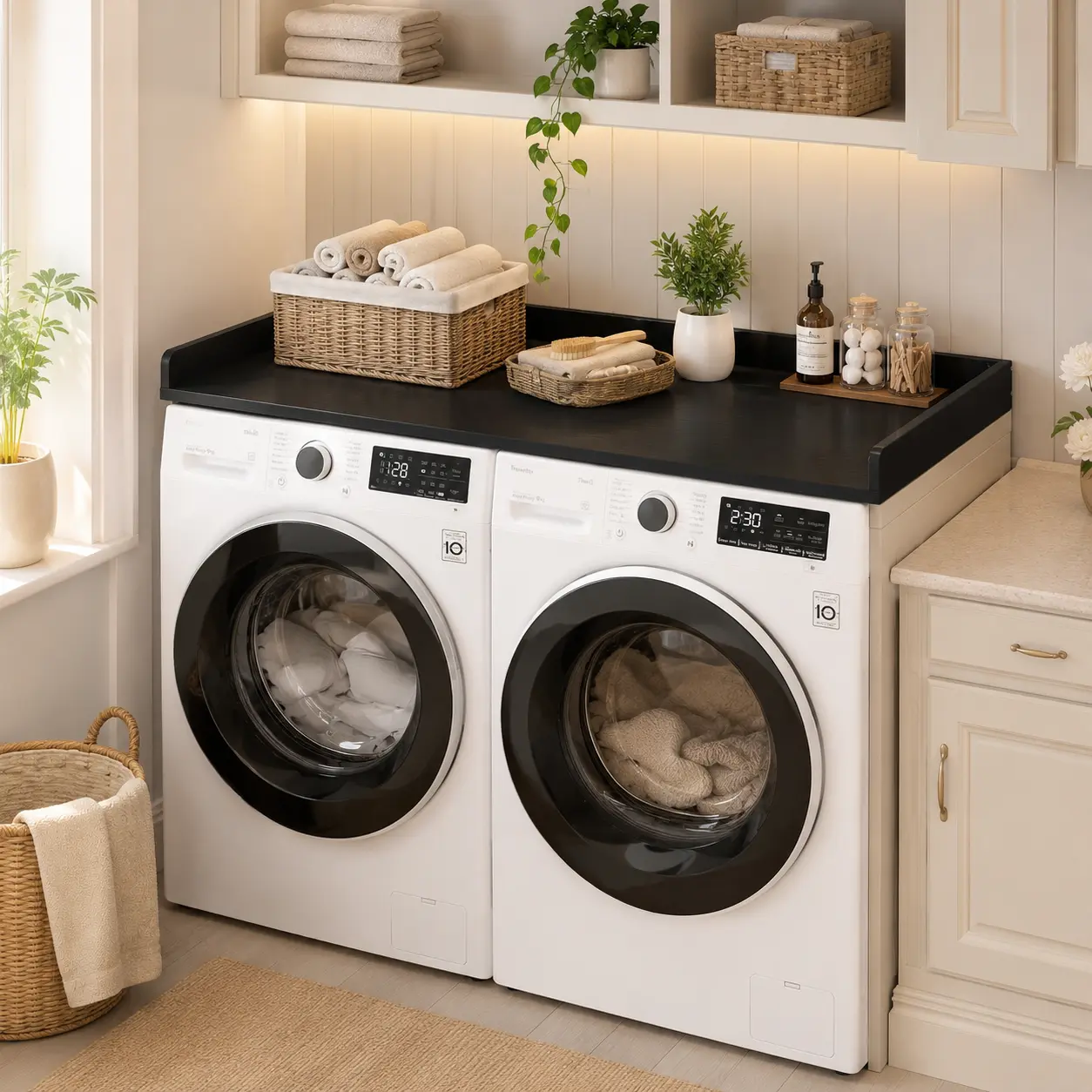 54" x 27.5" Premium Wood Laundry Countertop for Washer and Dryer - Laundry Room 54" Fold Station, Non-Slip Silicone Pads, Round Corner Edge Rails, Stays Put During Folding and Sorting, Simple Install Organizer Board
