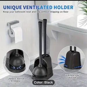 [2-in-1 Toilet Brush] 2-in-1 Toilet Brush and Plunger Set - Rotating Head, Durable Black Plastic, Freestanding Bathroom Cleaning Tool Kit