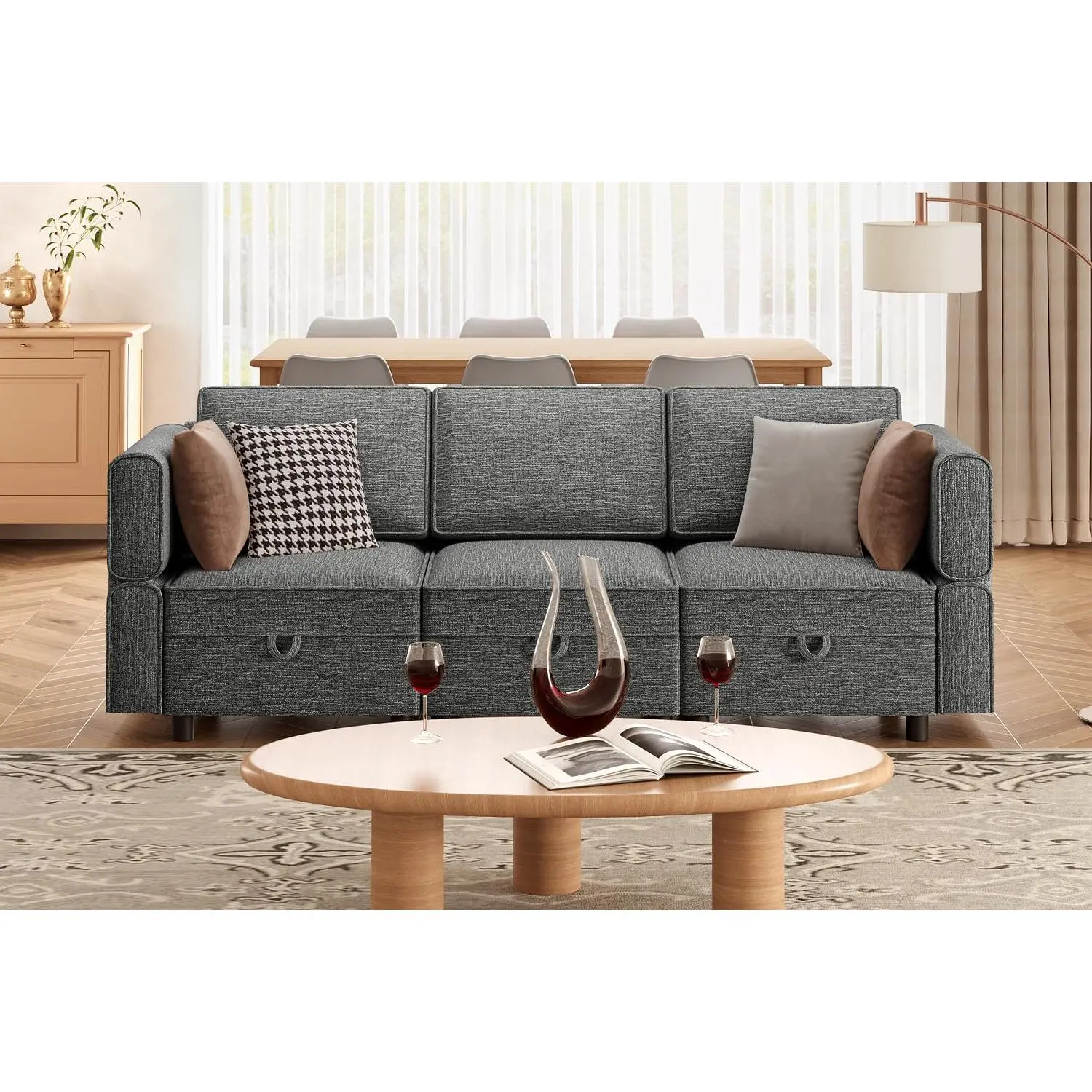 Garvee 3-Piece Sectional Living Room Furniture - L-Shaped Convertible Chenille Sofa with Storage Seats, Modular Ottomans, Grey U-Shaped Configuration for Living Spaces, Three-Piece Sectional Living Room Furniture