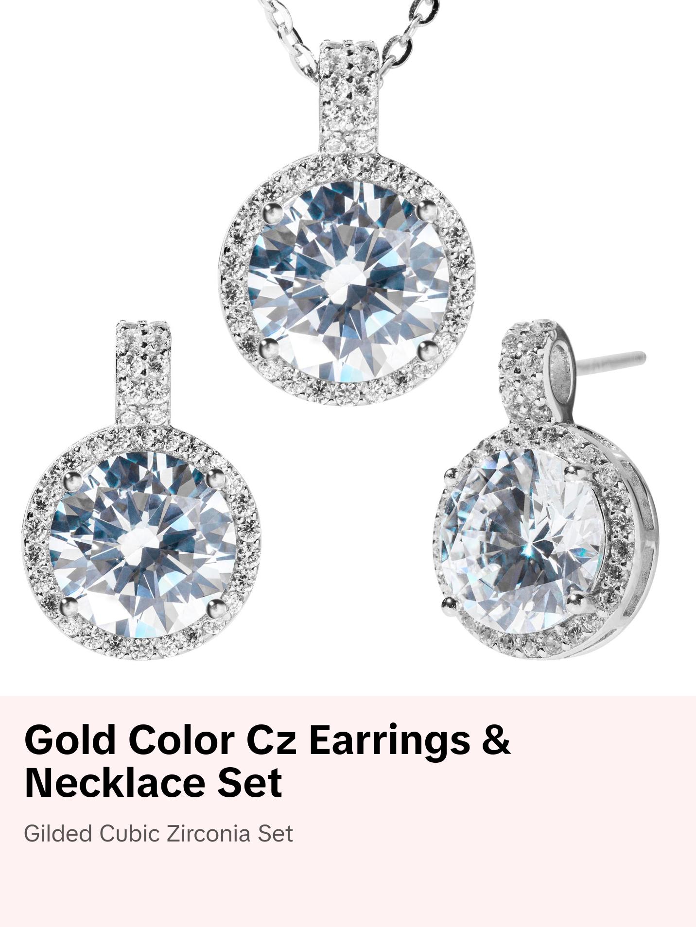 Gilded Elegance: Gold Cubic Zirconia Stud Earrings and Necklace Set in Sterling Silver