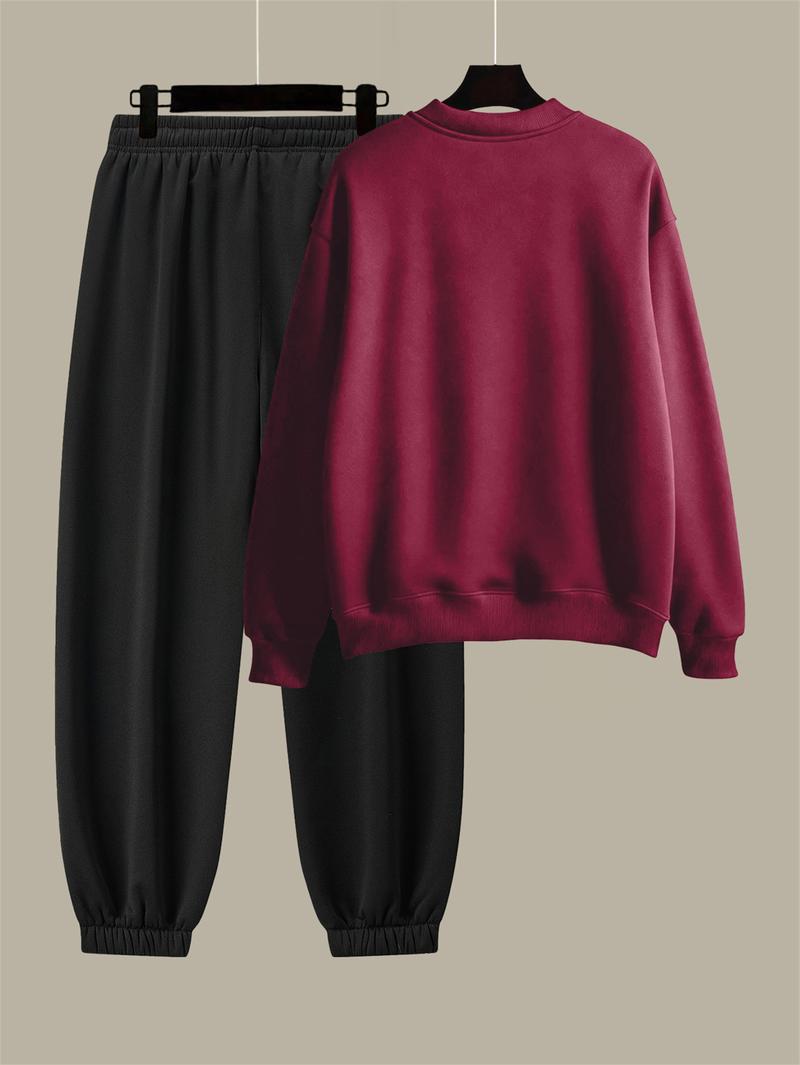 Men's Cotton Solid Color Casual Tracksuit Set Loose Fit Crew Neck Sweatshirt with Matching Jogger Pants for Fall Winter Comfortable Menswear Outfit for Outdoor Activities Sporty Commute Fitness and Relaxed Everyday Wear