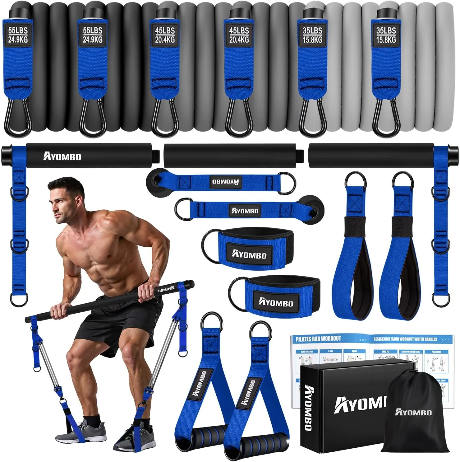 Pilates Equipment, Heavy Duty Pilates Bar Kit with Resistance Bands, Portable Gym Adjustable Exercise Bands, Home Squat Training, Arm, Abs, Waist, Chest Strength Workout Equipment for Me