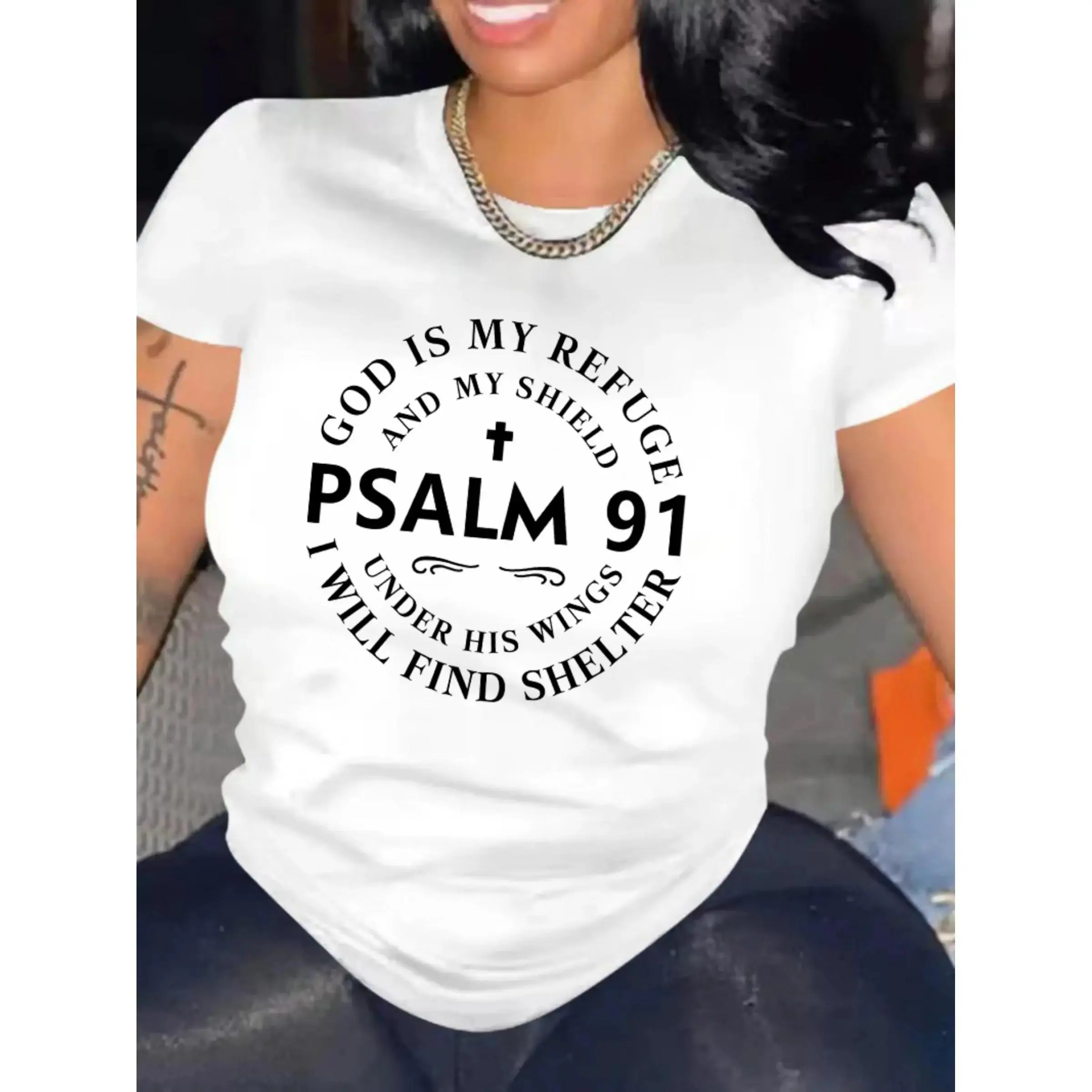 Stylish Faith-Inspired Graphic Tee- Soft Short Sleeve Comfort Fit Top with Psalm 91 Letter Print- Women'S Casual Wear for Everyday Faith Expression