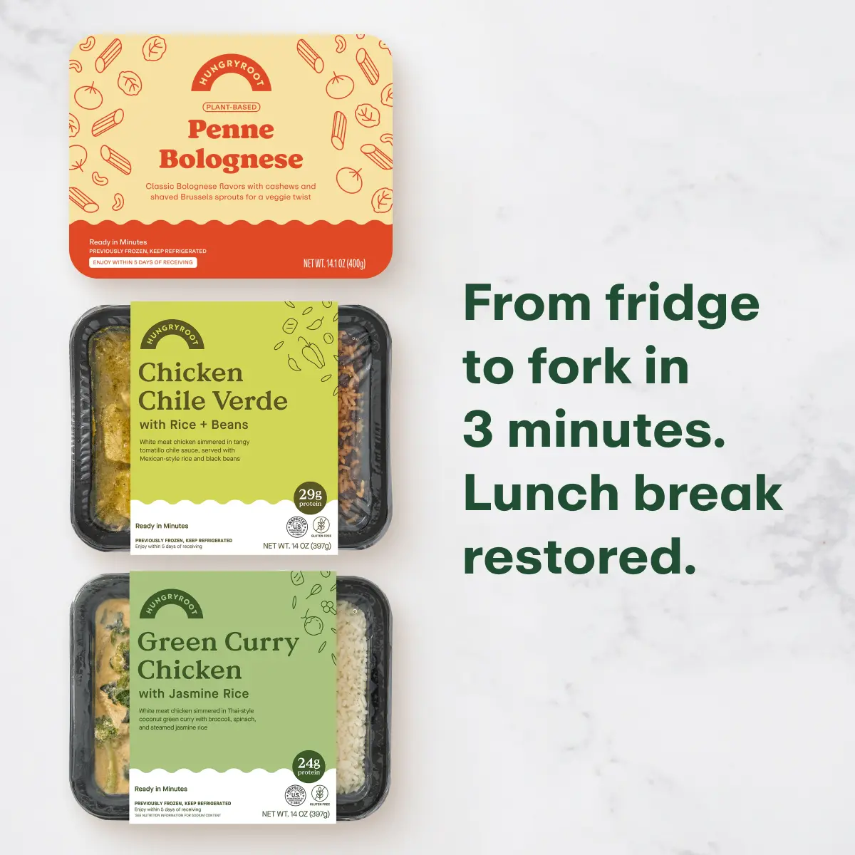 Hungryroot High Protein Heat & Eat Lunch Bundle — 3 Meals, Ready in Minutes | Italian Penne Bolognese, Mexican Chicken Chile Verde, Thai Green Curry Chicken