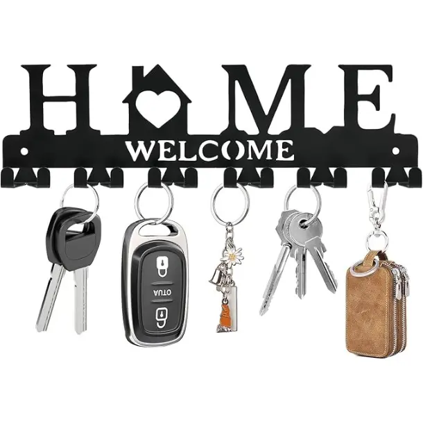 [New Deal] Adhesive Metal Key Holder Wall Mount with 6 Double Durable Hooks, 2 Installation Methods, Black Decor Hanging Shelf