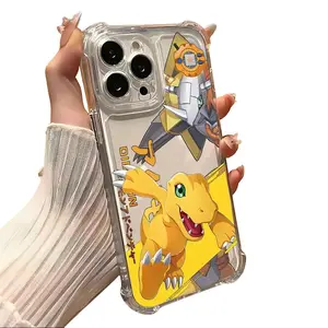 Digimon anime transparent phone case, compatible with iPhone 13, 14, 15, and 16, shockproof protective case.