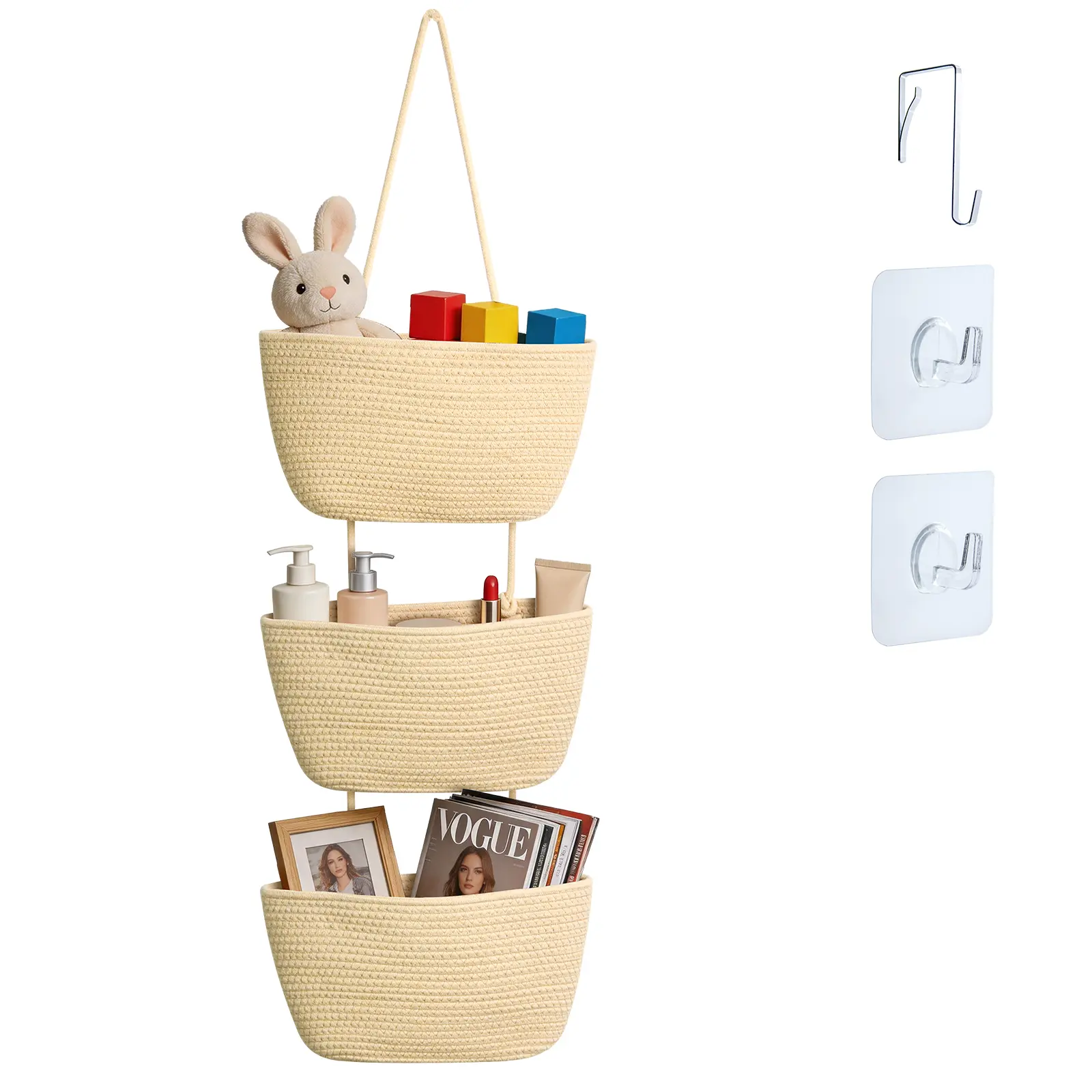 Minimalist Hangable 3-Tier Woven Cotton Over the Door Hanging Basket, Household Storage Organizer with Hooks for Entryway, Bathroom, Nursery