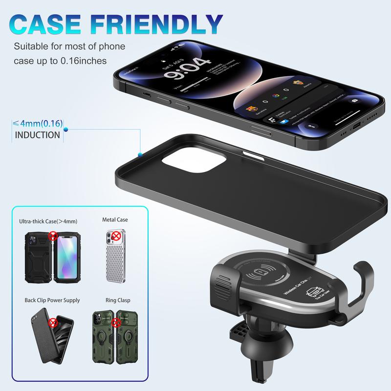 Wireless Car Charger: 15W Fast Charging Phone Holder for iPhone 15 14 13 12 11 Pro Max, Samsung Galaxy S23 S22 S21