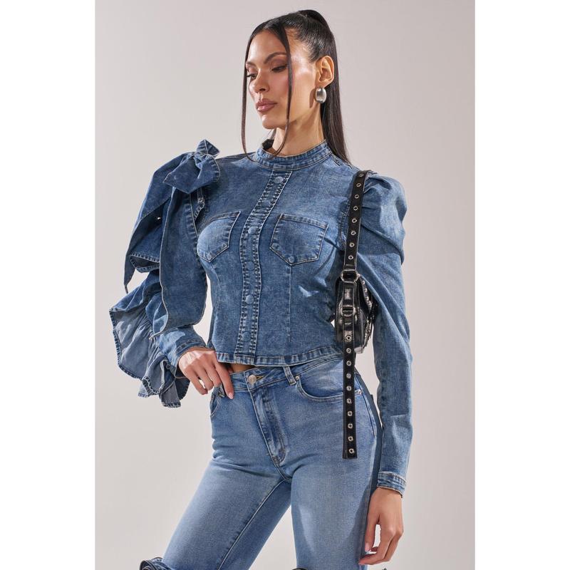 SEIZE THE DAY LONG SLEEVE FLOUNCE MEDIUM BLUE DENIM TOP