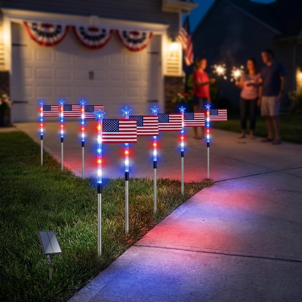 8 件套旗帜灯组，7 月 4 日装饰，8 种照明模式，8 合 1 美国国旗太阳能灯，阵亡将士纪念日装饰，红、白、蓝三色灯，适用于独立日小径、花园、庭院装饰