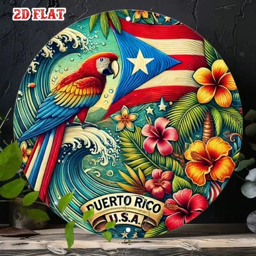 Aluminum Decorative Plaque Puerto Rico Flag Hibiscus Flower Spanish Text Round Wall Art Home Wall Hanging Home Wall Decoration for Home Decor