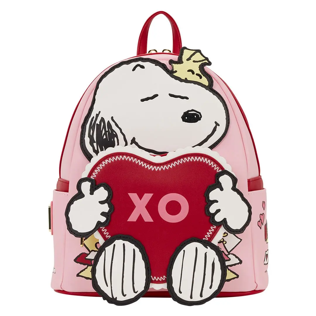 Loungefly Peanuts Snoopy Valentine's Day Faux Leather Mini Backpack Purse with Applique Heart Pocket, Cute Backpacks