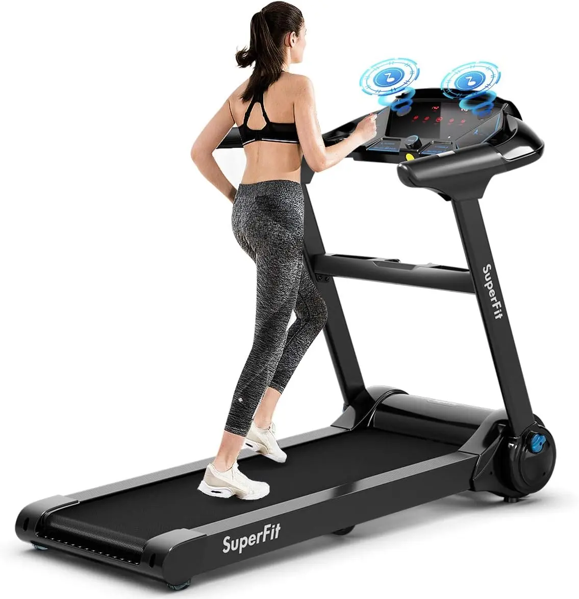 COSTWAY Folding Treadmill, 0.6-7.5MPH Compact Superfit Treadmill with APP Control, Blue Tooth Speaker, 12 Preset Programs, LED Display and Device Holder, Walking Running Machine for Home Office