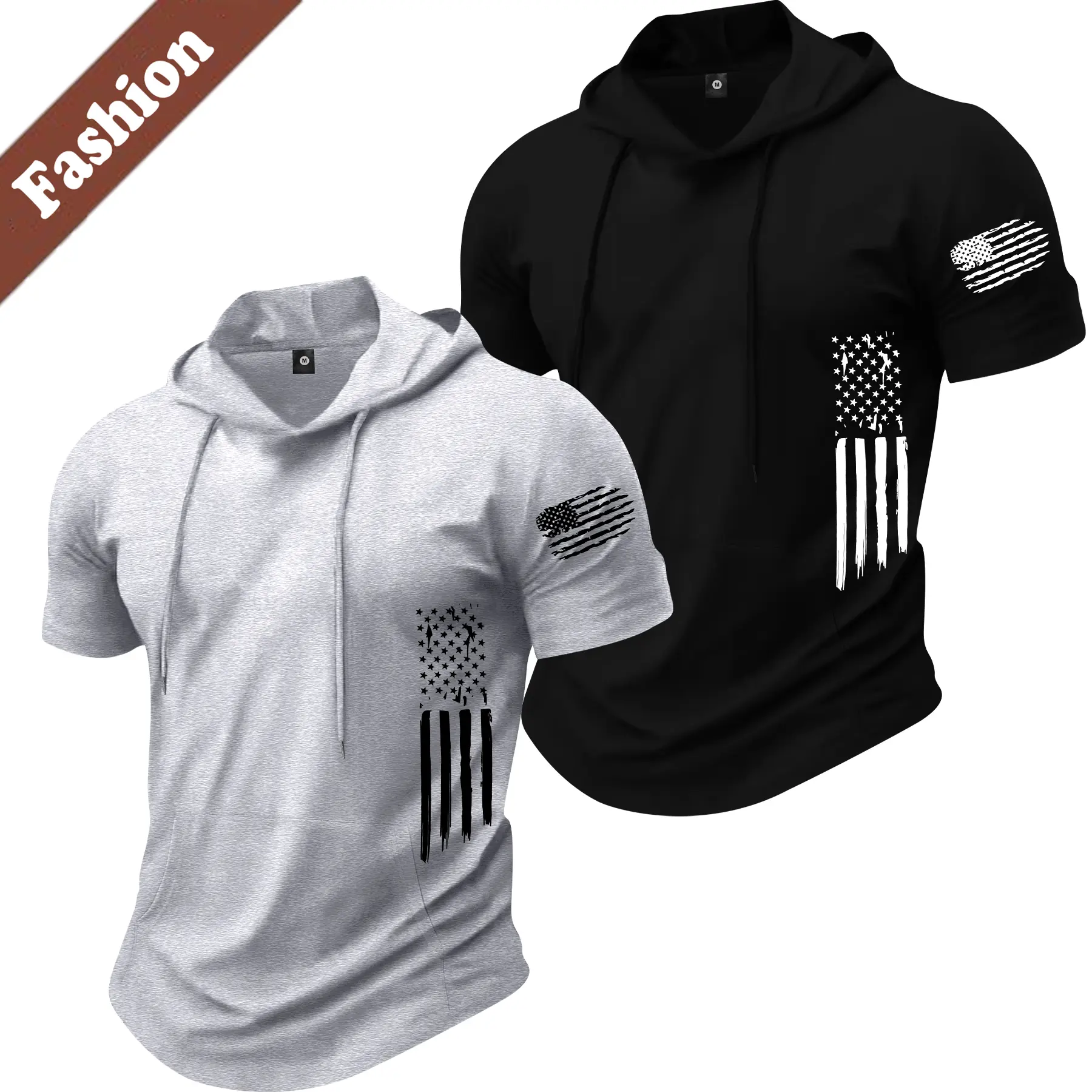 Men's 2-Piece Set, Breathable Hooded T-Shirt and Graphic Shorts, Casual Sporty Athleisure Wear with Flag Print, Athletic Wear, Sporty Style Outfits, Casual Sporty Breathable
