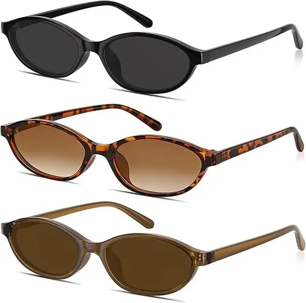 3PCS Sunglasses Womens Retro Oval Sunglasses for Women - Cat Eye 90s Glasses Y2K UV400 Lightweight Narrow Shades summerwins