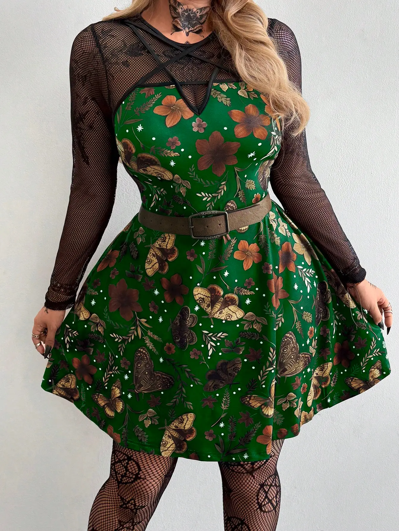 Whyspr Grunge Cottage Punk Witchy Grunge Punk Plus Size Women's New Round  Neck Vintage Casual College Fashion Dark Punk Style Printed Patchwork Mesh  Ribbon Decor A-Line Long Sleeve Dress - TikTok Shop
