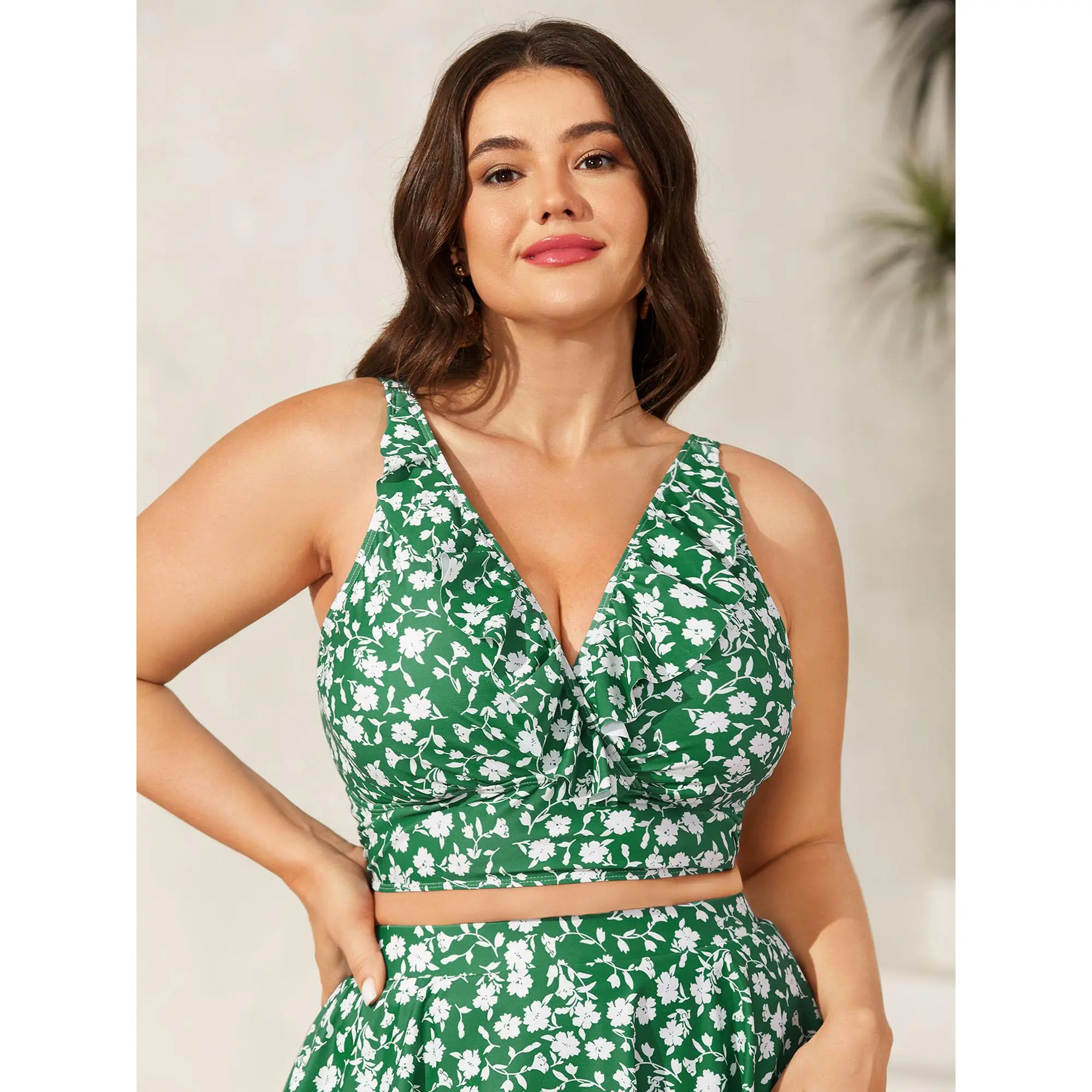 Women's Plus Size Ruffled Tankini Set, High Stretch Ditsy Flowers Print Swimwear with Tummy Control, Summer Beach Wear, Swimwear Beach Outfits, Women's Clothes, Plus Size Bathing Suits, Ditsy Floral, Tankini Outfit Swimsuit, Floral Tankini Set