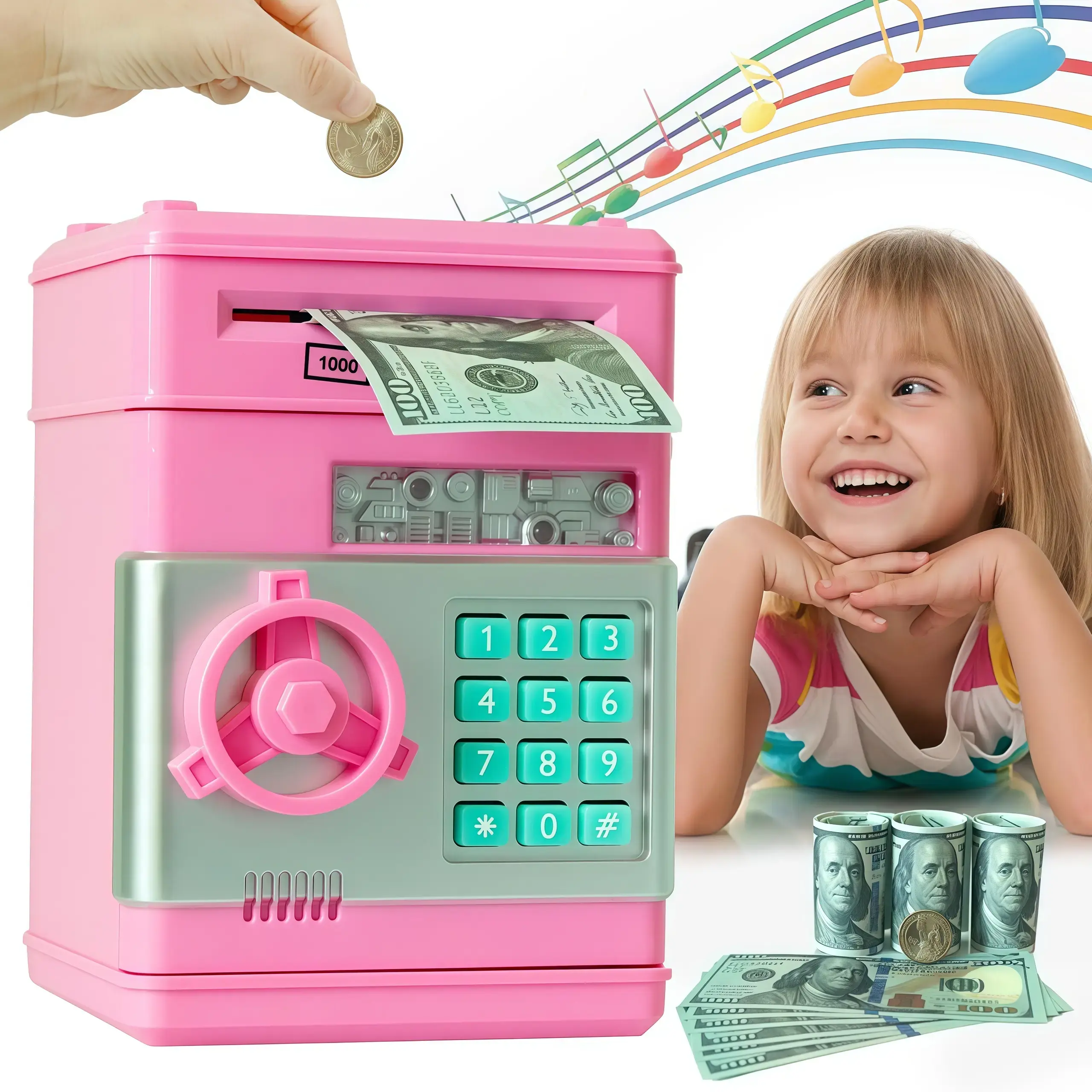Digital Password Piggy Bank Mini ATM Safe with Auto Roll Cash Function, Electronic Password Money Saving Box for Kids Boys Girls 3-12 Years Old, Perfect Birthday & Holiday Gift for Children