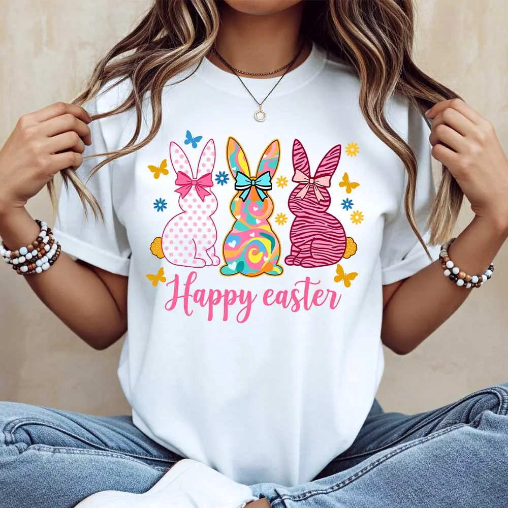 Easter Bunny Print And Happy Easter Text T-Shirt White Casual Round Neck Short Sleeve Women's Top For Spring Holiday Celebration