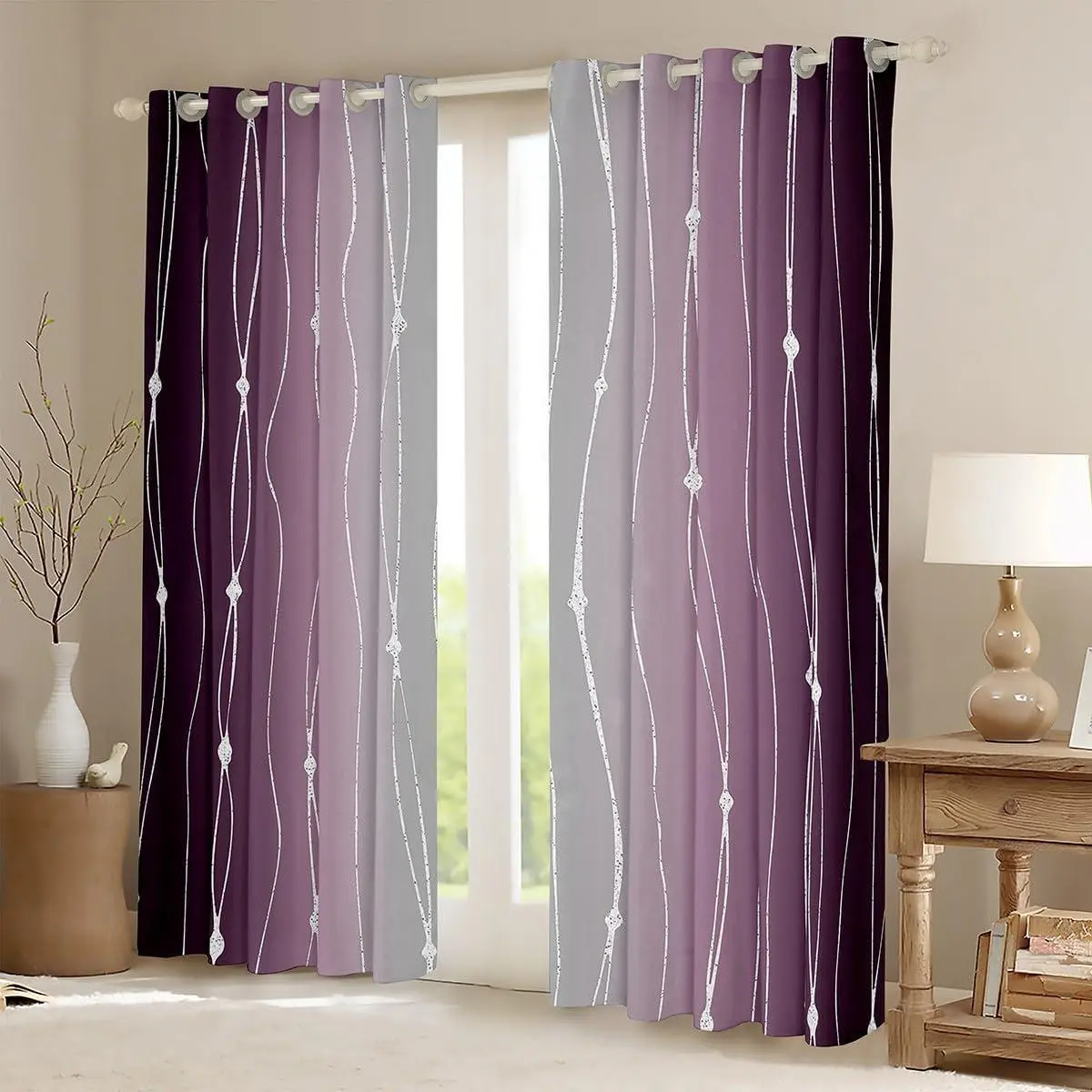 Purple and Grey Watercolor Curtains Wave Stripe and Dots Blackout Curtains,Geometric Aesthetic Curtains & Drapes Ombre Gradient Bedroom Curtains,Modern Abstract Lines Window Treatments