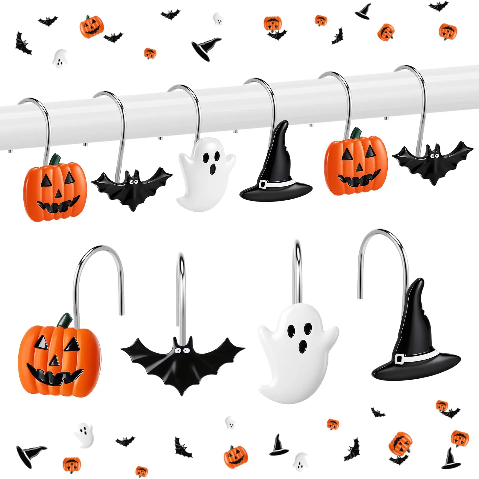 12 Pcs Halloween Ghost Shower Curtain Hooks Pumpkin Curtain Hangers Bat Witch Decorative Rings Accessories for Halloween Bathroom Restroom Decor