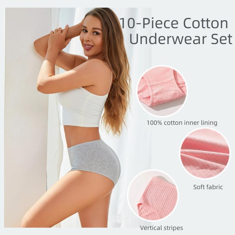 FINETOO 10PCS Cotton Panties for Women Underwear Outfit Flexible Everyday Briefs Basic Minimalist Comfortable Bikini Briefs S-2XL  Womenswear