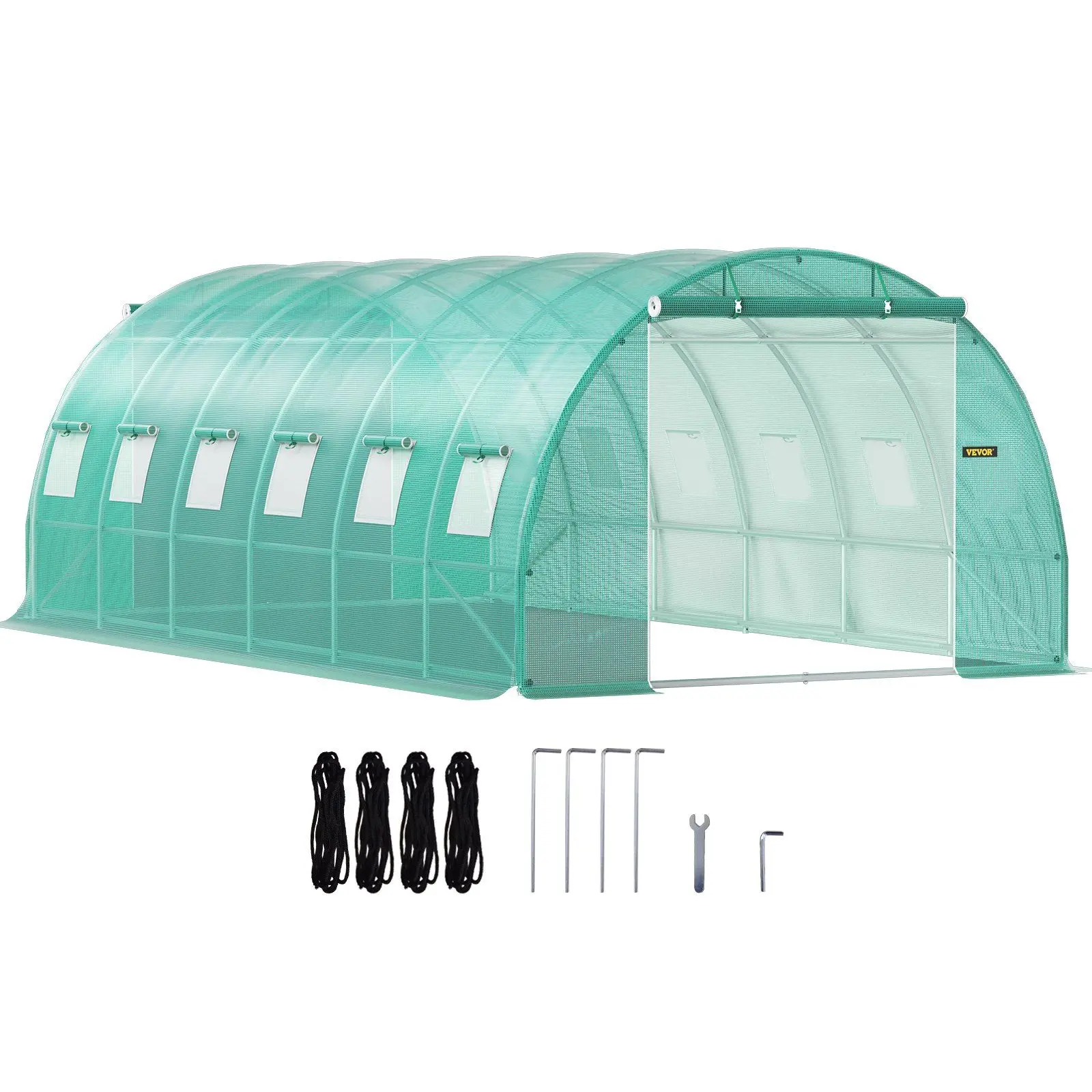 VEVOR 20x10x7ft Size Portable Walk-in Tunnel Greenhouse, Galvanized Steel Hoops, Bite-Proof Cover, 3 Top Beams, Diagonal Poles, 2 Zippered Doors, 12 Roll-up Windows, Portable Frame & Effortless Installation, Green, 20 X 10 X 7 Ft