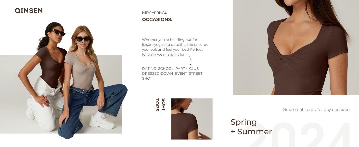 QINSEN Women's Sexy Twist Front V Neck T Shirts Double Lined Short Sleeve Slim Fit Crop Top Trendy Y2K Tops Tee Basic Comfort