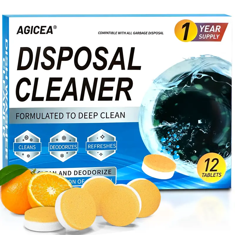 AGICEA Garbage Disposal Cleaner Tablets 12-Pack– XL Foaming Citrus Deodorizer for Sink Odor Removal,Summervibes