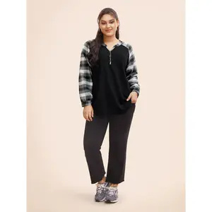 【Summer Turn-Up】BLOOMCHIC Plus Size Plaid Patchwork Notched Button Detail Sweatshirt [M-6X] 2026 Summer Vibes