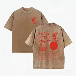 "Fruit of the Spirit Galatians 5:22-23" Washed Brown Oversized T-Shirt - Christian Faith Tee Vintage Washed "Fruit of the Spirit" Cherry & Pomegranate Graphic Tee - Faith-Based Streetwear