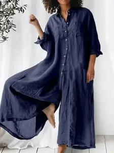 Plus Size - Plus Size - A Unique, Loose-Fitting Jumpsuit for Women Featuring a Solid Color, Long Sleeves, And a Single-Breasted Design, Perfect for Casual Summer Wear with Wide Legs