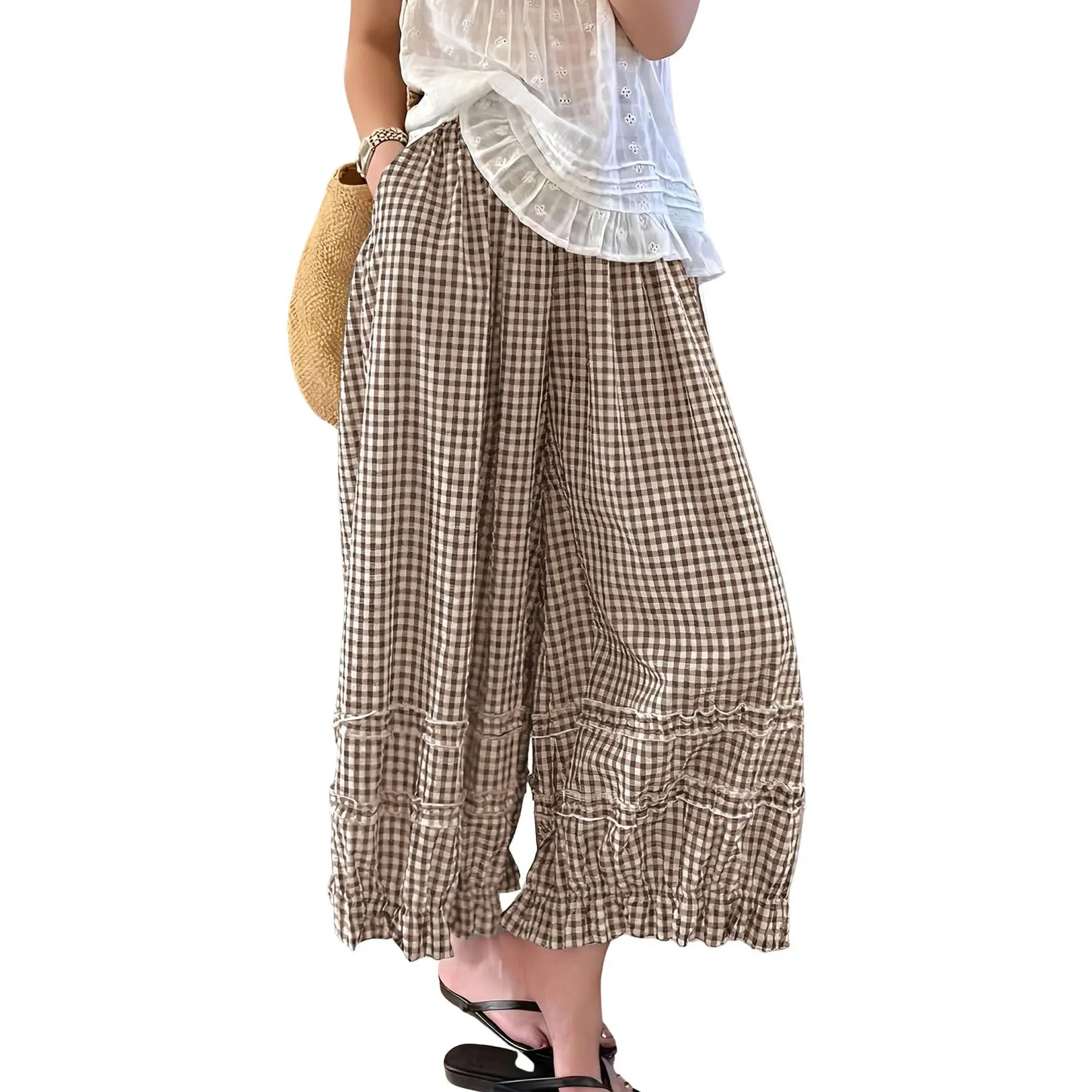 Chouyatou Women’s 2026 Summer Plaid Gingham Wide Leg Palazzos Ruffle Hem Crop Cotton Linen Beach Pants