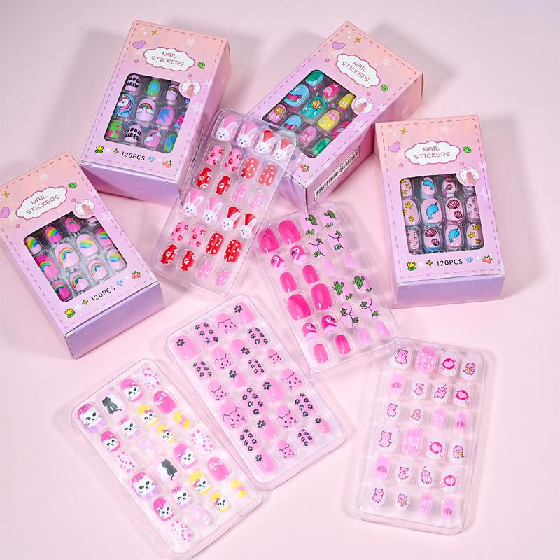 120Pcs/Box Cartoon Gril Princess Children Press On Nails 6-14Years Kawaii Cat/Flowers/Rainbow Nail Tips With Jelly Gel Girl Gift